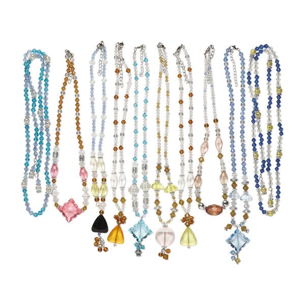 Necklace mix, glass / acrylic / silver-coated plastic / steel, multicolored, 4mm-32x32mm multi-shape, 16-34 inches with lobster claw clasp and 1-1/2 to 2-1/2 inch extender chain. Sold per pkg of 10. image number 0