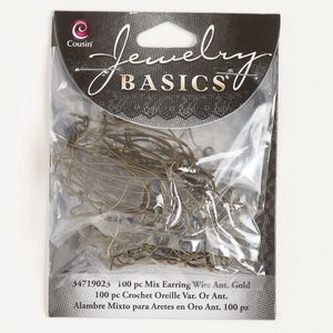 Ear wire assortment 1pkg100, 16mm fishhook / 33mm kidney / open loop, 21 / 22 gauge antique gold-finished steel 50 pair