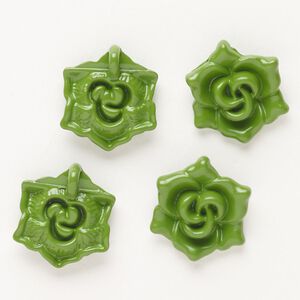 Charm, "pewter" (zinc-based alloy) and enamel, pkg/4, green, 18x16mm flower with hidden loop.