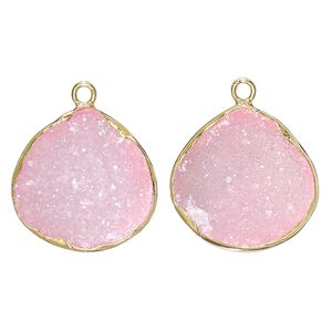 Drop, druzy agate (dyed) and gold-finished sterling silver, pink, 20x20mm single-sided teardrop. Sold per pkg of 2.