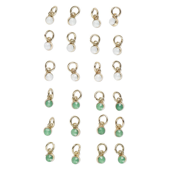 Drop mix, plastic / gold-finished steel / gold-finished brass, milky white and green, 5mm faceted round with 6mm jump ring. Sold per 24-piece set. image number 0