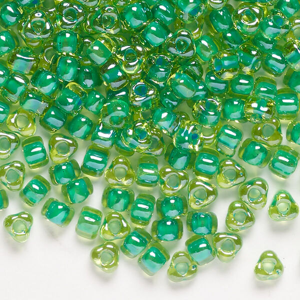 Seed bead, Miyuki, glass, transparent amber yellow color-lined kelly green, (TR1811), #5 triangle. Sold per 25-gram pkg. image number 0