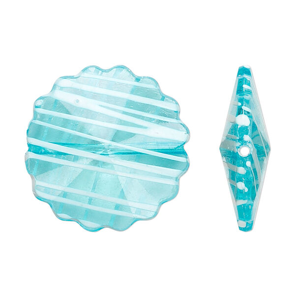 Bead, acrylic, semitransparent blue and white, 25mm faceted round flower with painted line design. Sold per pkg of 48. image number 0