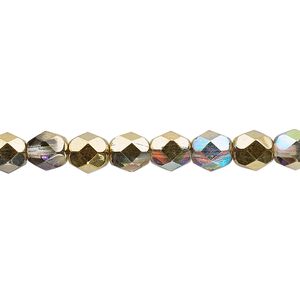 Bead, Czech fire-polished glass, two-tone clear AB and metallic amber gold, 6mm faceted round. Sold per 15-1/2" to 16" strand.
