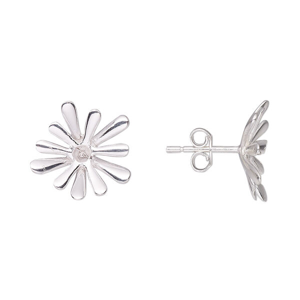 Earstud, sterling silver, 16x14mm star burst with 2mm peg, fits up to 4-6mm round bead. Sold per pair. image number 0