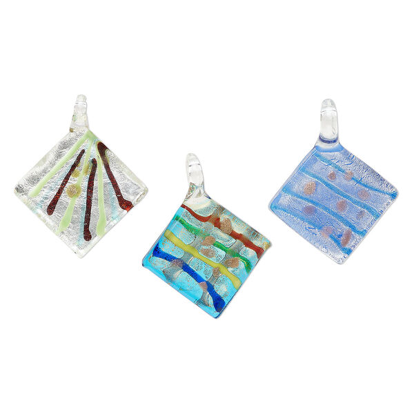 Random focal mix, lampworked glass, translucent multicolored, 37x35mm-40x38mm diamond with copper-colored glitter and silver-colored foil. Sold per pkg of 3. image number 0