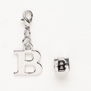 Charm and bead 1pkg2 antiqued silver-finished "pewter" (zinc-based alloy) / steel / enamel, black, 14x12mm "B" with lobster claw clasp and 7mm cube with "B".