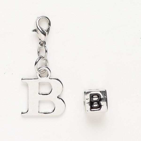 Charm and bead 1pkg2 antiqued silver-finished "pewter" (zinc-based alloy) / steel / enamel, black, 14x12mm "B" with lobster claw clasp and 7mm cube with "B". image number 0