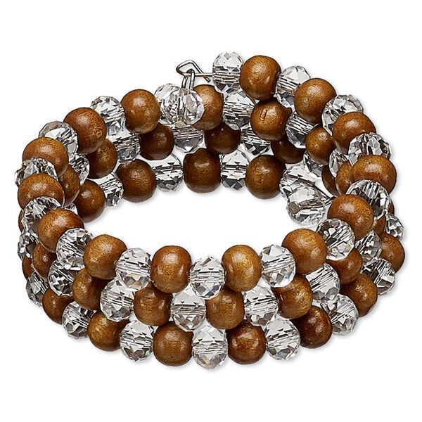 Bracelet, glass / stained wood / silver-plated steel memory wire, clear, 24mm wide with faceted round, 7-inch adjustable. Sold individually. image number 0