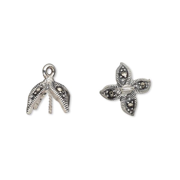 Cup, marcasite (natural) and antiqued sterling silver, 13.5x13mm four leaves with 0.8mm twisted peg, fits 10-12mm bead. Sold individually. image number 0