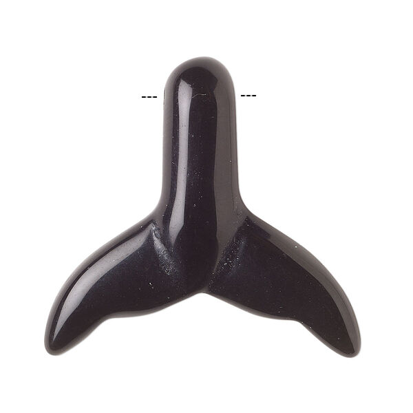 Focal, black obsidian (natural), 34x32mm side-drilled double-sided carved whale tail, B grade, Mohs hardness 5 to 5-1/2. Sold individually. image number 0