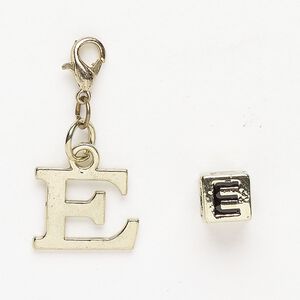 Charm and bead 1pkg2 brass-finished "pewter" (zinc-based alloy) / steel / enamel, black, 15x12mm "E" with lobster claw clasp and 7mm cube with "E".