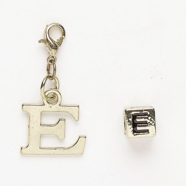 Charm and bead 1pkg2 brass-finished "pewter" (zinc-based alloy) / steel / enamel, black, 15x12mm "E" with lobster claw clasp and 7mm cube with "E". image number 0