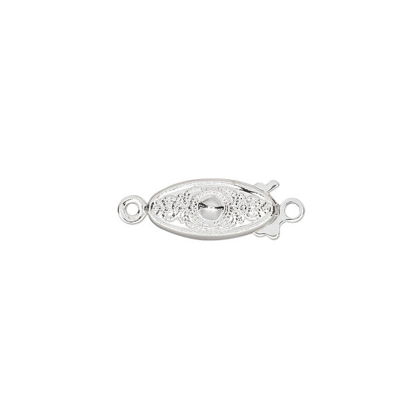 Clasp, fishhook, silver-plated brass, 13x7mm filigree oval. Sold per pkg of 10. image number 0