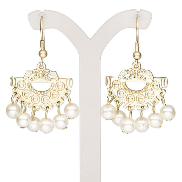 Earring, plastic pearl / gold-finished brass / steel / "pewter" (zinc-based alloy), white, 2 inches with matte fan and fishhook ear wire. Sold per pair. image number 0