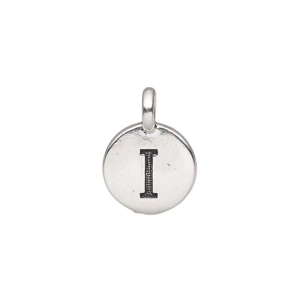 Drop, TierraCast®, antique silver-plated pewter (tin-based alloy), 11.5mm single-sided round with textured alphabet letter "I." Sold per pkg of 2. image number 0