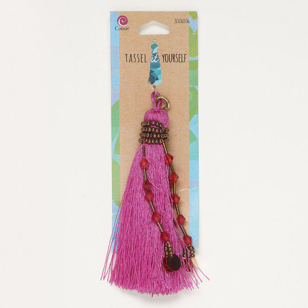 Tassel 1pkg1, antique gold-finished brass and steel / plastic / nylon / glass, bronze / red / magenta, 4-1/2 inches with hinged bail with beads. image number 0