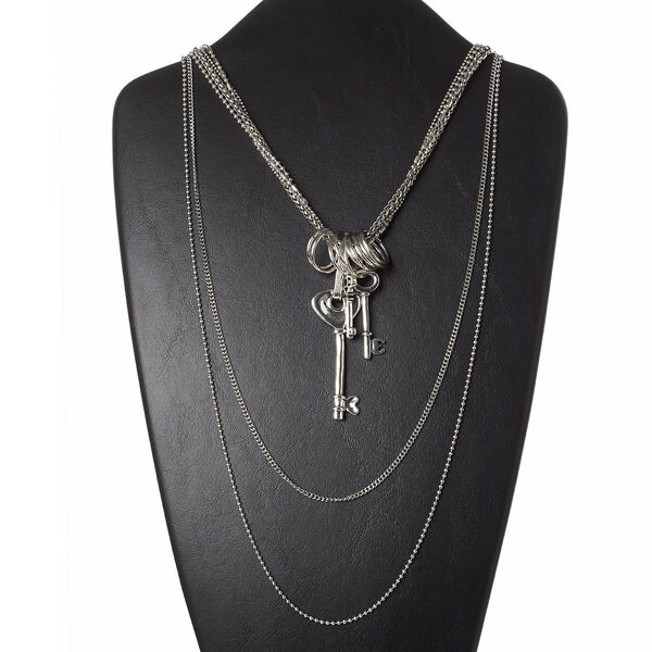 Necklace, 6-strand, antiqued silver-finished brass / "pewter" (zinc-based alloy) / steel, 33x13mm / 42x14mm / 68x25mm key, 24 inches with lobster claw clasp. Sold individually. image number 0