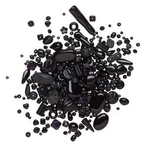 Bead mix, Czech pressed glass, opaque black, 5x4-35x8mm mixed shapes. Sold per 4-ounce pkg, approximately 455 beads.