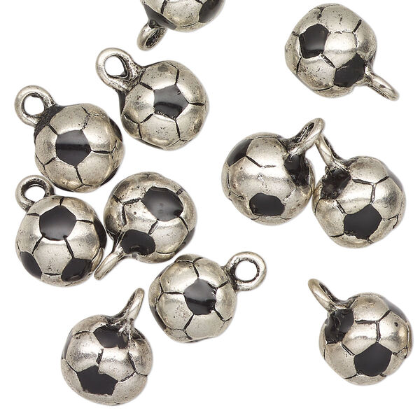 Charm, antique silver-finished "pewter" (zinc-based alloy) and enamel, black, 9-10mm soccer ball. Sold per pkg of 12. image number 0