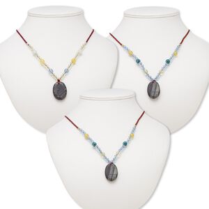 Multi-gemstone / acrylic / glass 1pkg3, oval pendant necklace mix continuous loop 20-24 inch 33x23mm-34x24mm