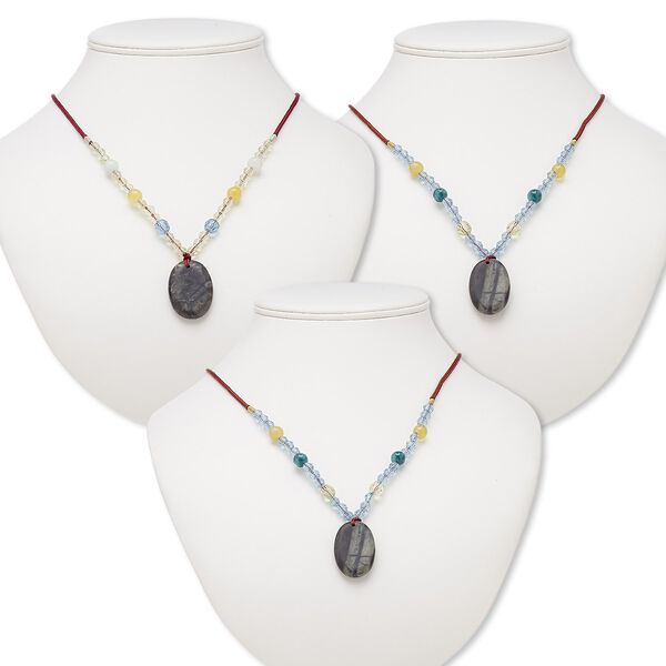 Multi-gemstone / acrylic / glass 1pkg3, oval pendant necklace mix continuous loop 20-24 inch 33x23mm-34x24mm image number 0