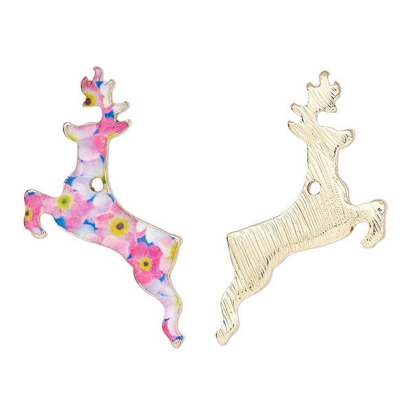 Charm, resin and gold-finished "pewter" (zinc-based alloy), multicolored, 31x16mm single-sided deer with flower design. Sold individually. image number 0