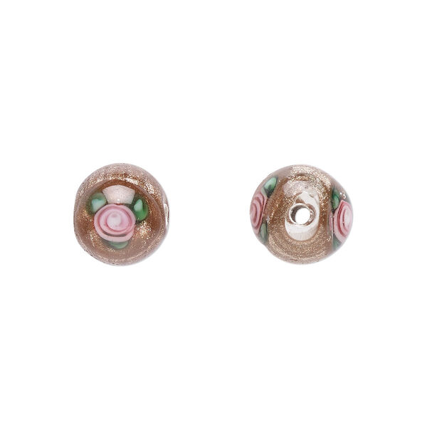 Bead, Czech lampworked glass, opaque brown / pink / green, 8-9mm round with flower design. Sold per pkg of 6. image number 0