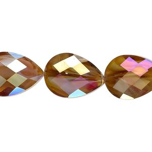 Bead, millefiori glass, marbled amber yellow AB, 18x13mm faceted teardrop. Sold per 8-inch strand, approximately 10 beads.