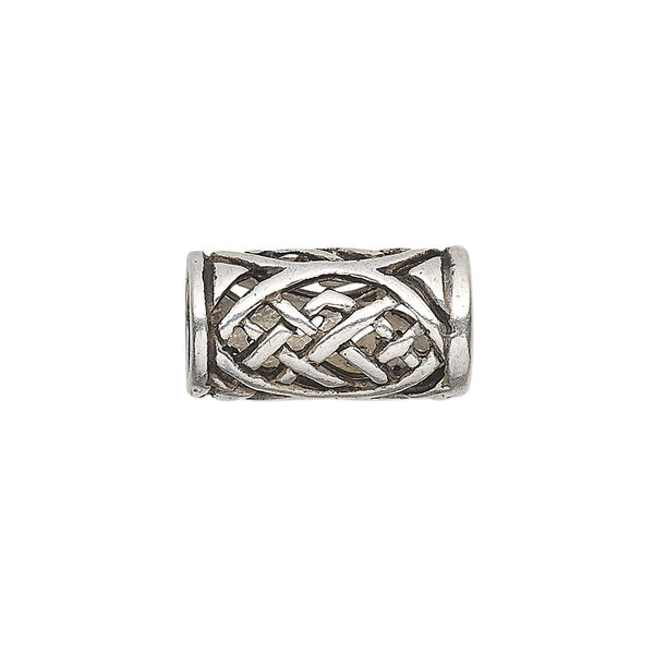 Bead, antiqued sterling silver, 18x10mm round tube with cutout Celtic knot design. Sold individually. image number 0