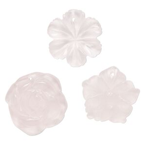 Drop mix, glass, translucent pink, 23x20mm-26x25mm top-drilled carved flower. Sold per pkg of 3.