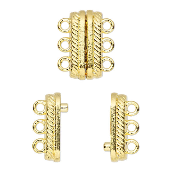 Clasp, 3-strand magnetic, gold-finished "pewter" (zinc-based alloy), 18x8mm double-sided rectangle with rope design. Sold individually. image number 0