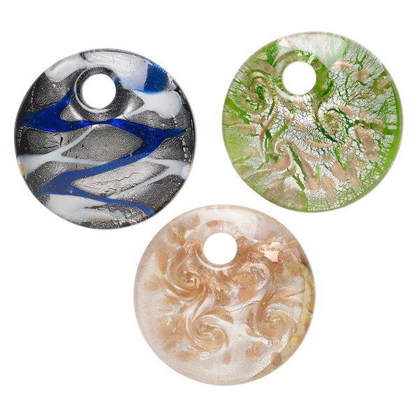 Random focal mix, lampworked glass, pkg/3, opaque mixed colors with silver-colored foil and copper-colored glitter, 49mm-51mm domed round. image number 0