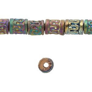 Bead, pressed clay, rainbow, 8x7mm-9x8mm handmade textured tube. Sold per 16-inch strand, approximately 45 beads.
