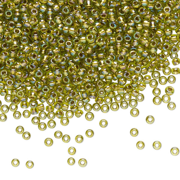 Seed bead, TOHO BEADS®, glass, pkg/50g, #11 round, translucent gold-lined rainbow peridot (TR-11-996). image number 0