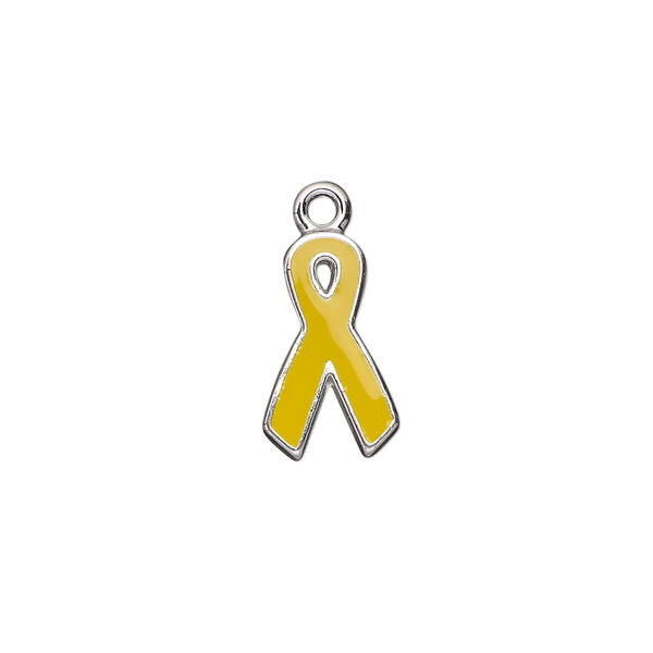 Charm, silver-plated aluminum and epoxy, yellow, 15x9mm single-sided awareness ribbon. Sold per pkg of 6. image number 0