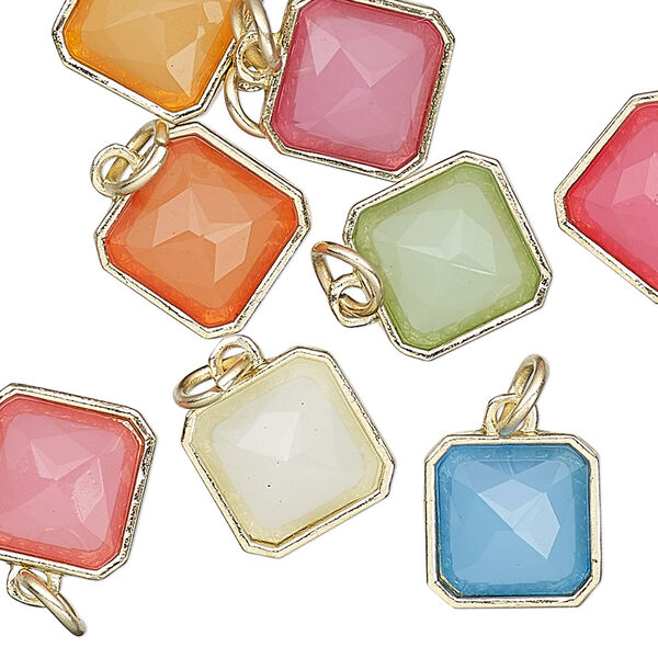Drop mix, Charmed, resin with gold-finished steel and "pewter" (zinc based alloy), assorted multicolored, 12mm faceted square. Sold per pkg of 8. image number 0