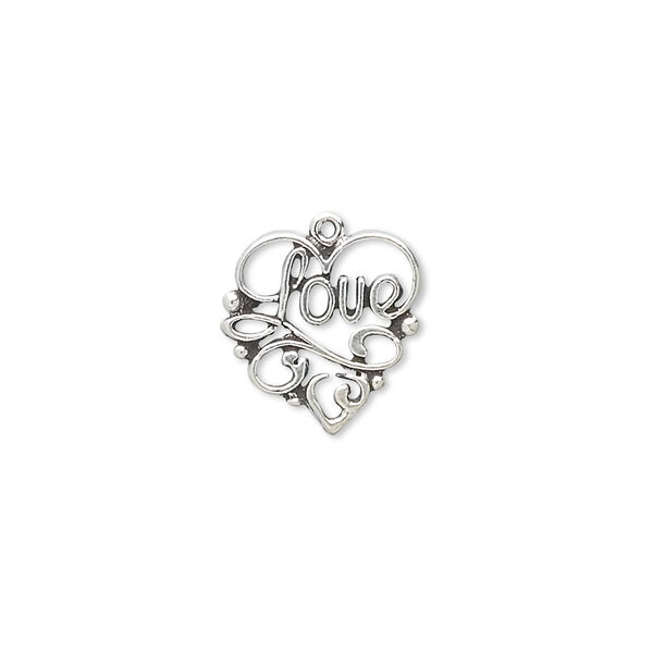 Charm, antiqued sterling silver, 14x13mm single-sided heart with "Love." Sold individually. image number 0