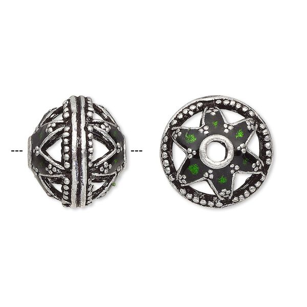 Bead, enamel and antique silver-plated brass, transparent green, 16x14mm beaded rondelle with star design. Sold individually. image number 0