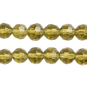Bead, glass, translucent olive green, 8mm checkerboard faceted round. Sold per pkg of (2) 14-inch strands, approximately 85 beads.