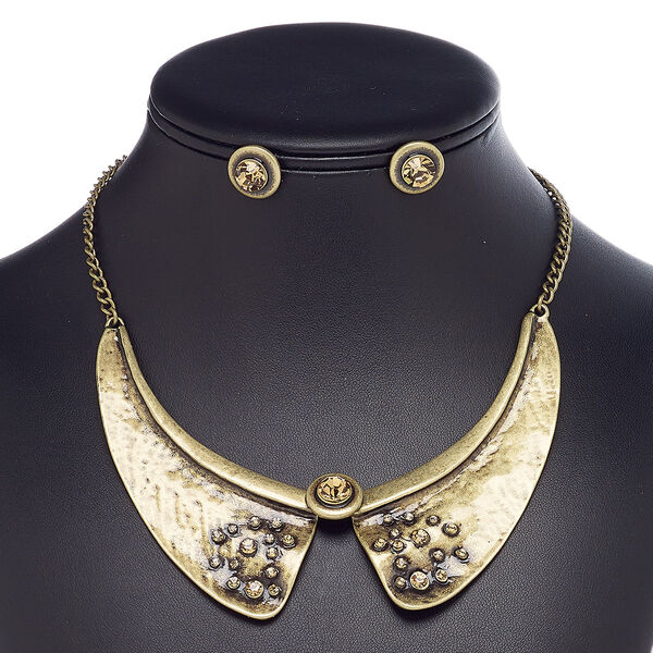 Necklace and earring set, crystals with antique gold-finished steel and "pewter" (zinc-based alloy), light Colorado topaz, collar, 15" to 16" necklace with 2-inch extender chain and lobster claw clasp, 14mm round with post. Sold per set. image number 0