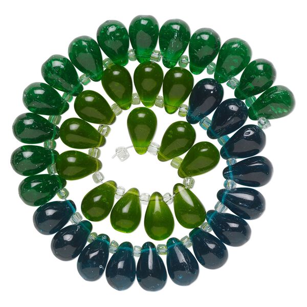 Bead, glass, transparent light green, green and teal, 16x10mm top-drilled teardrop with irregular rondelles. Sold per 14-inch strand. image number 0