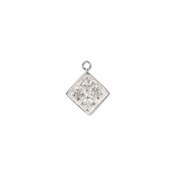 Drop, cubic zirconia and sterling silver, clear, 11mm faceted diamond. Sold individually. image number 0