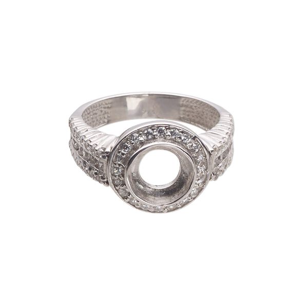 Ring, Almost Instant Jewelry®, cubic zirconia and rhodium-plated sterling silver, clear, 13mm wide with open back and SS39 or 8mm round glue-in setting, size 9. Sold individually. image number 0
