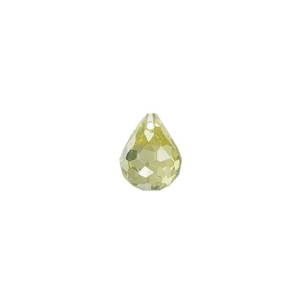 Bead, cubic zirconia, peridot green, 11x9mm top-drilled faceted teardrop, Mohs hardness 8-1/2. Sold per pkg of 2. image number 0