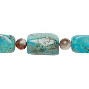 Bead mix, "turquoise" (imitation) resin and multi-gemstone (natural / dyed / heated), multicolored, 5-6mm round and medium tumbled nugget. Sold per pkg of 7.
