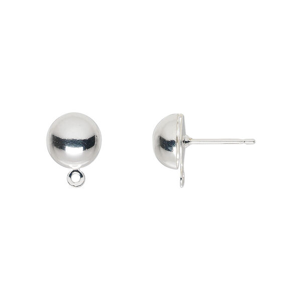 Earstud, silver-plated brass and stainless steel, 8mm half ball with closed loop. Sold per pkg of 50 pairs. image number 0