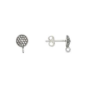 Earstud 1pkg2 sterling silver, 6mm beaded round / closed loop, 20 gauge antiqued 1 pair
