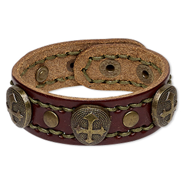 Bracelet, leather (dyed) with antique brass-plated steel and "pewter" (zinc-based alloy), brown and olive green, 24mm wide with 20x18mm teardrop and cross design, adjustable at 6 and 6-1/2 inches with snap closure. Sold individually. image number 0