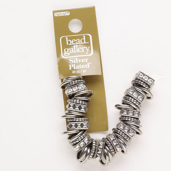 Bead assortment, silver-finished "pewter" (zinc-based alloy) and resin, 12x2mm rondelle / 13x2.5mm rondelle / 12.5x2mm textured square rondelle. Sold per pkg of (40) 4-inch strand. image number 0